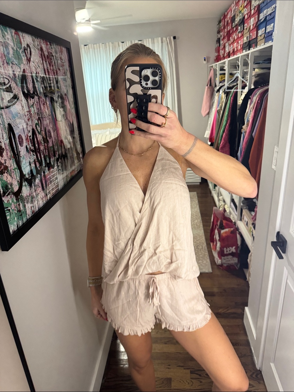 Cotton Candy LA Tan Metallic Stripe Halter & Ruffle Shorts Set